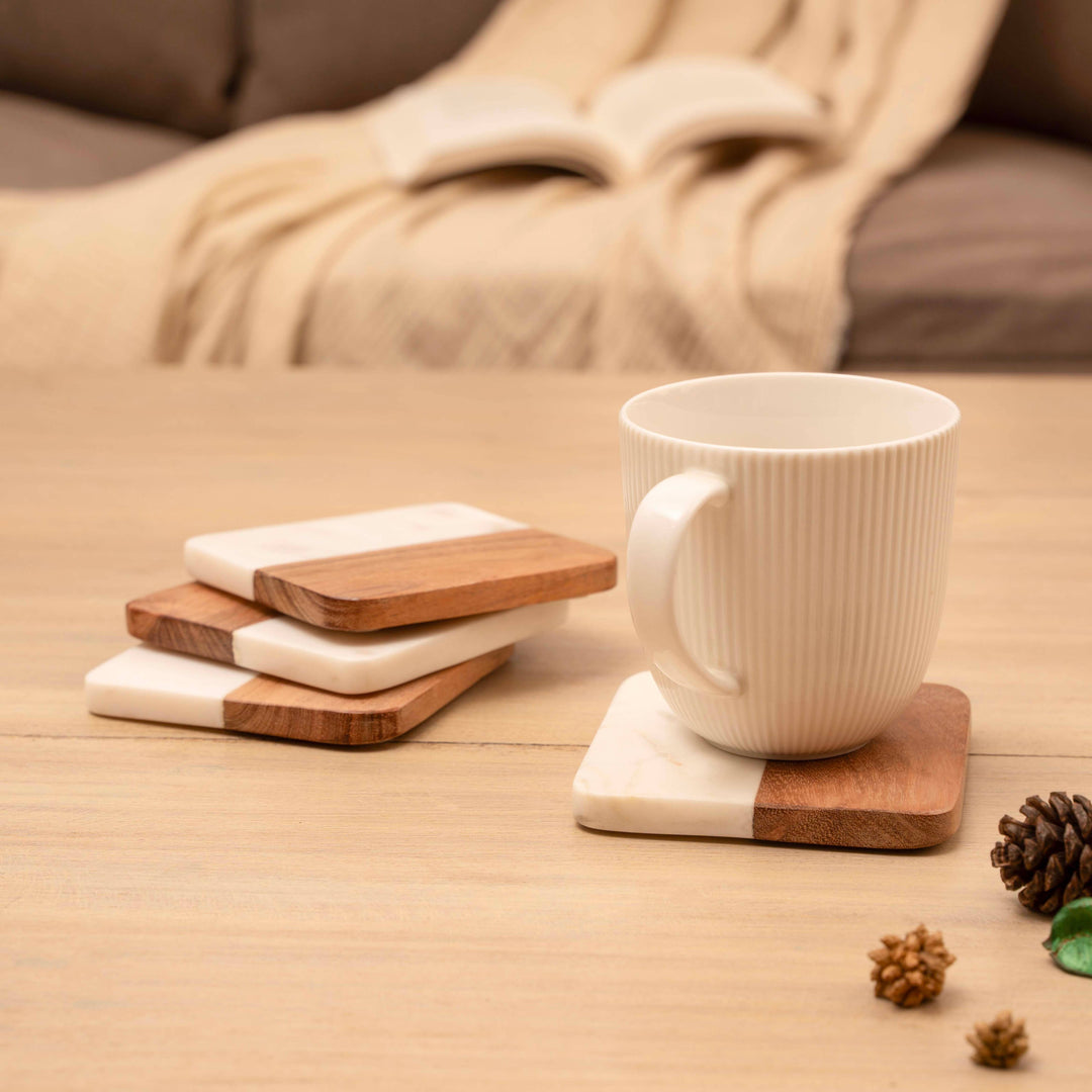 Artisan Marble &amp; Wood Coaster Set (Set of 4 White)