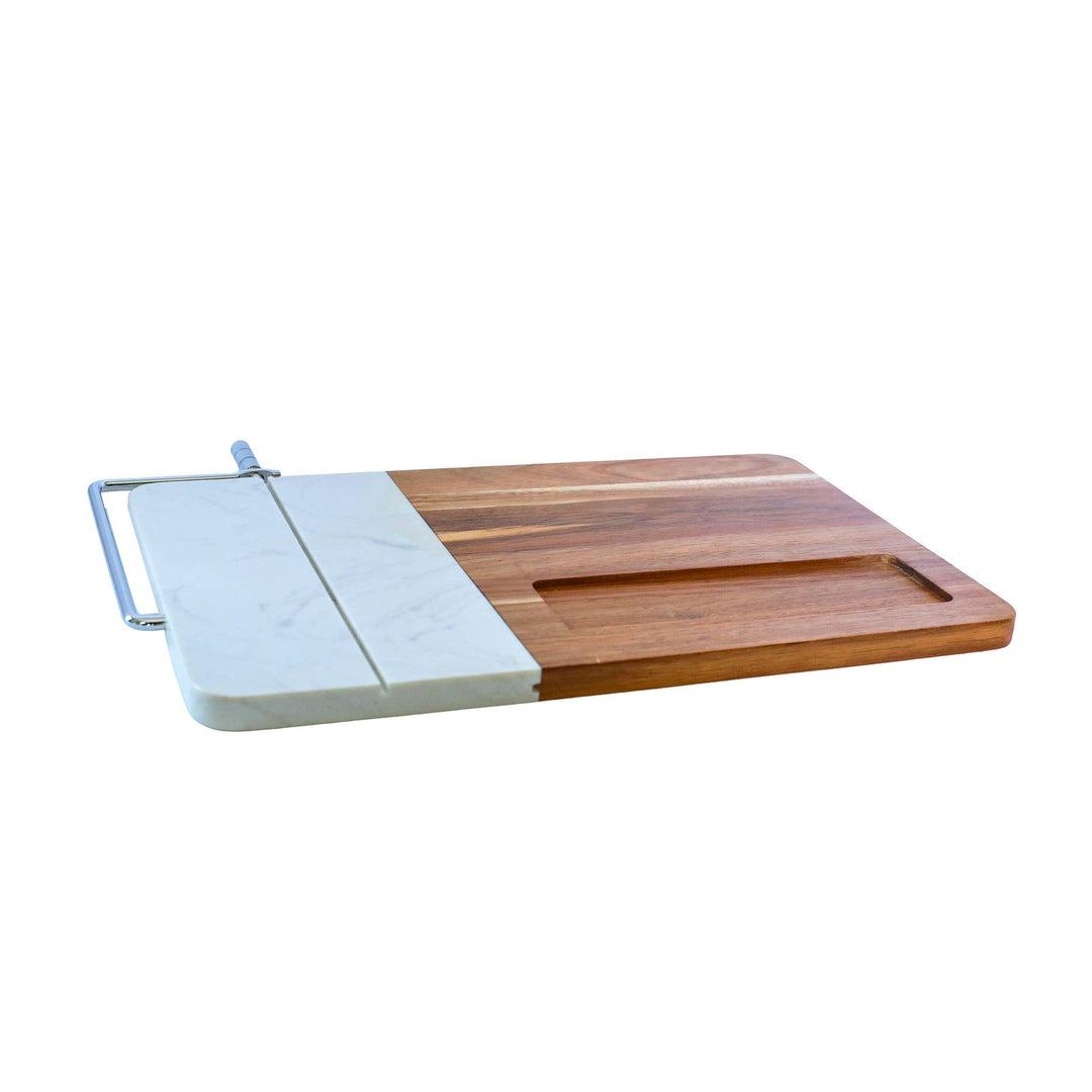 White Marble and Acacia Wood Cheese Board with Slicer