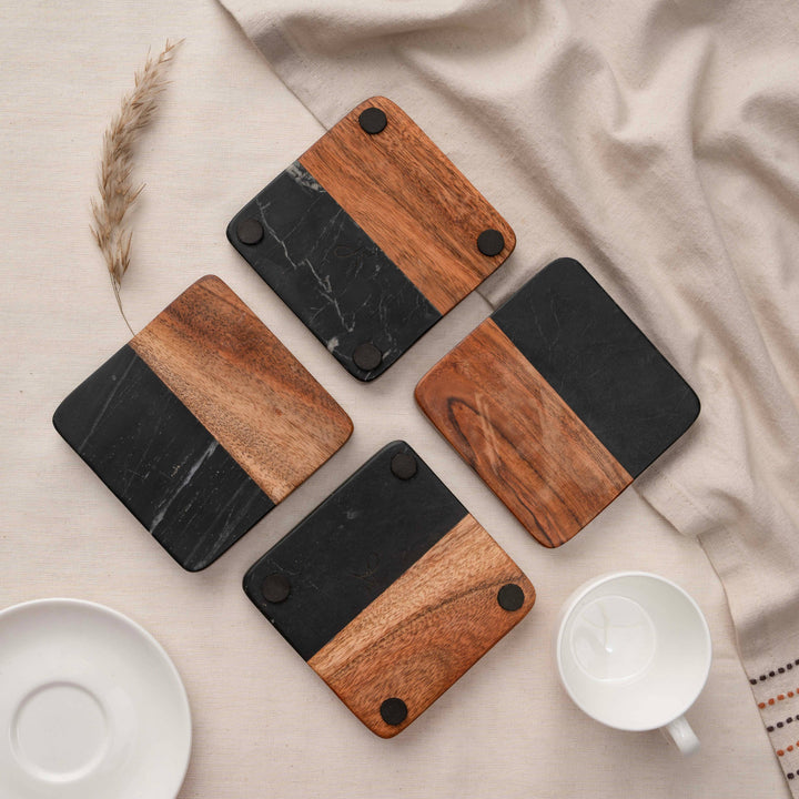 Artisan Marble and Wood Coaster Set (Set of 4 Black)