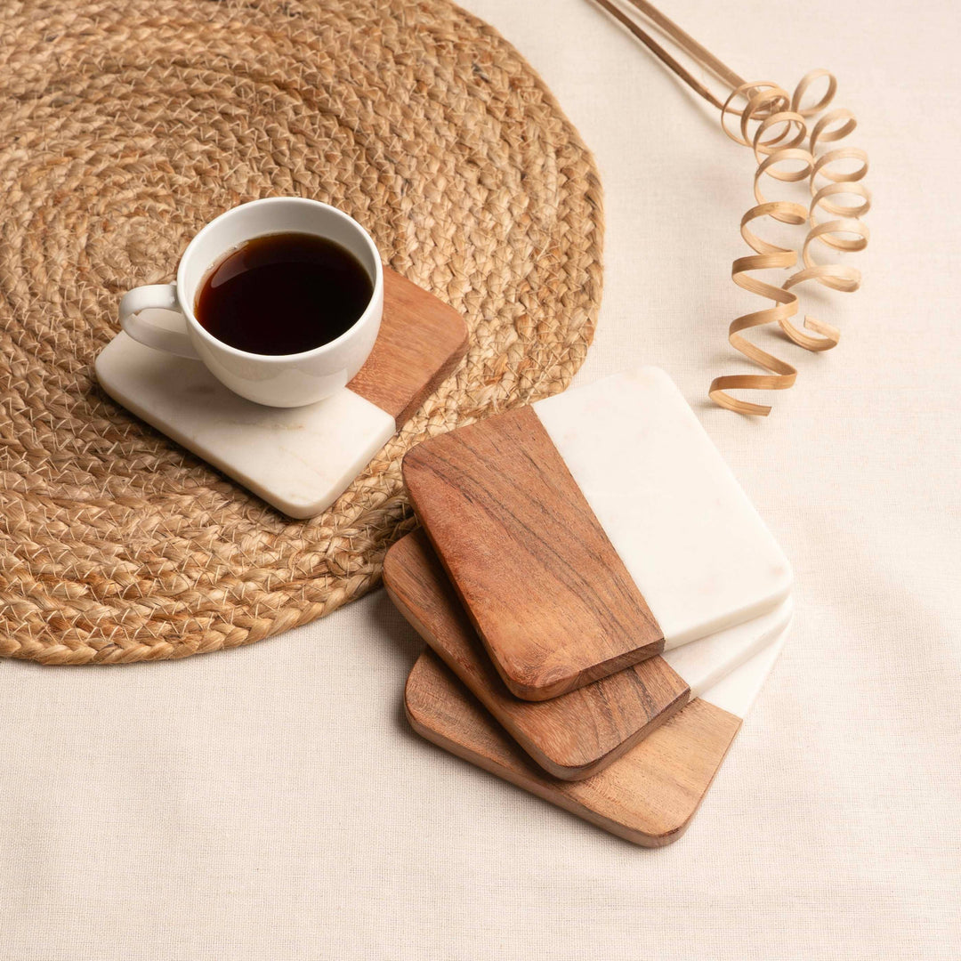 Artisan Marble &amp; Wood Coaster Set (Set of 4 White)