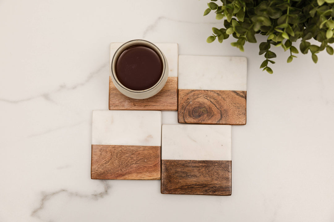 Artisan Marble &amp; Wood Coaster Set (Set of 4 White)