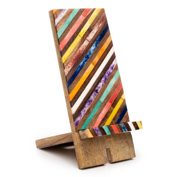 Banka Mundi Phone Stand — Handcrafted Wood &amp; Bone Inlay
