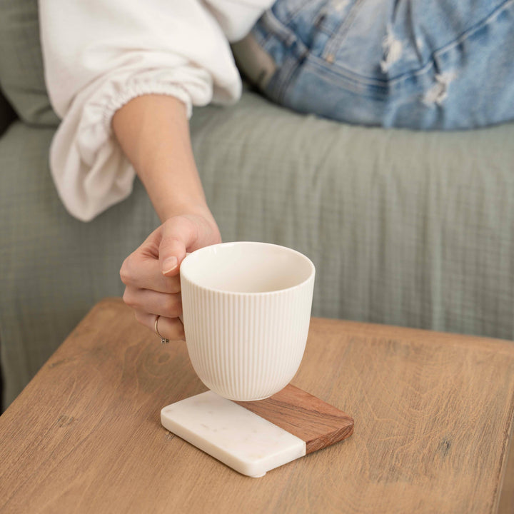 Artisan Marble &amp; Wood Coaster Set (Set of 4 White)