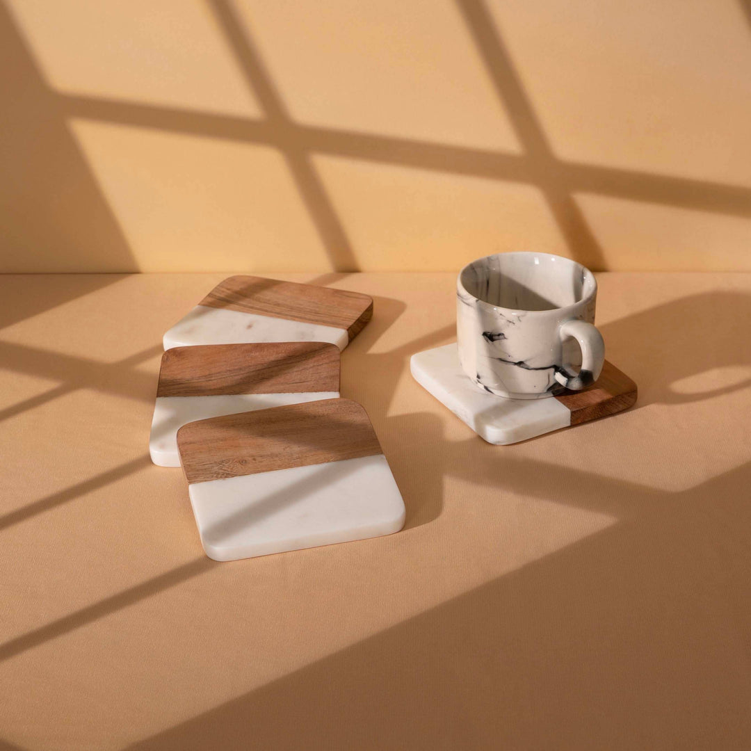 Artisan Marble &amp; Wood Coaster Set (Set of 4 White)