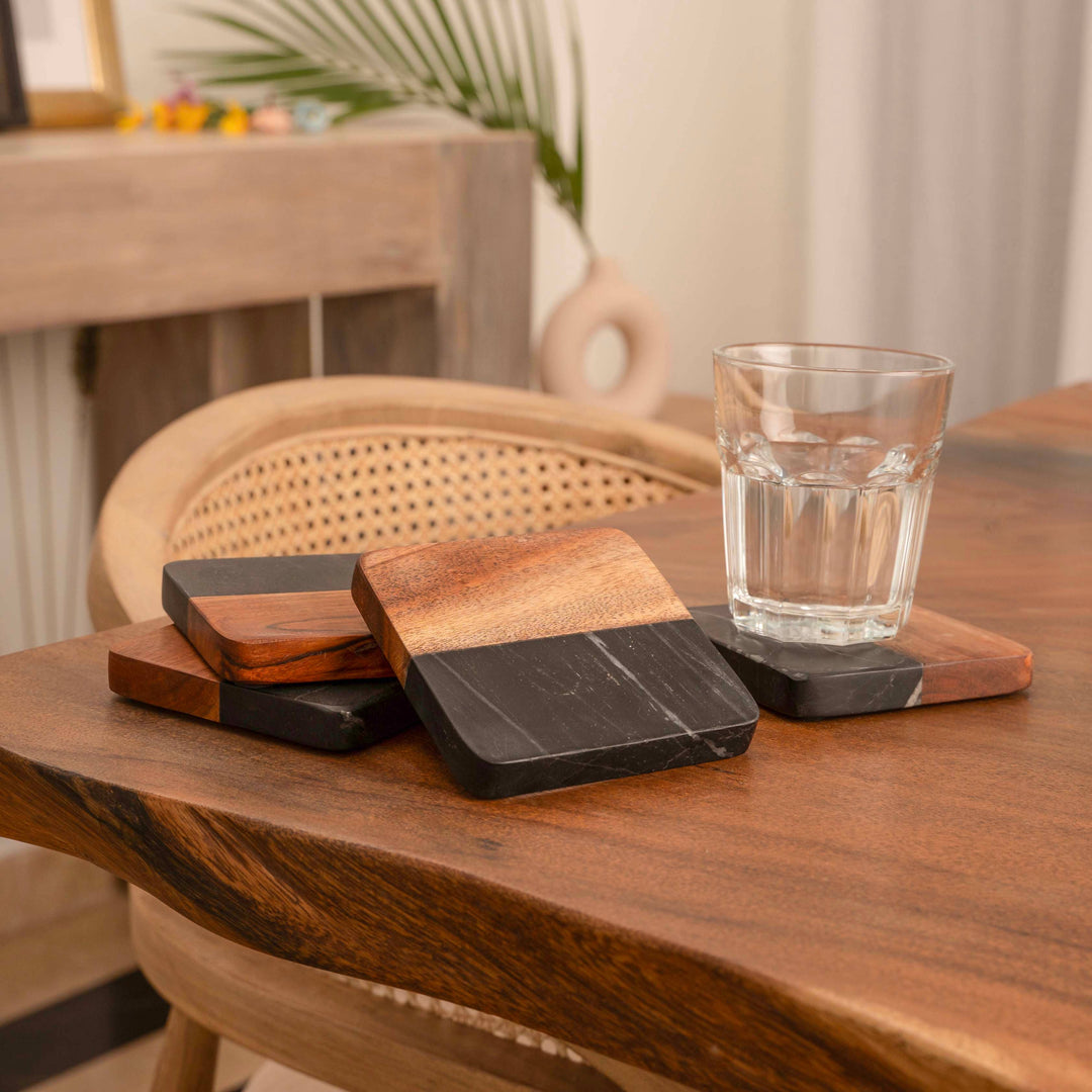 Artisan Marble and Wood Coaster Set (Set of 4 Black)