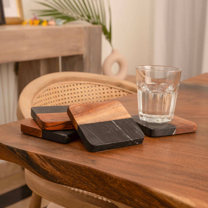 Artisan Marble and Wood Coaster Set (Set of 4 Black)