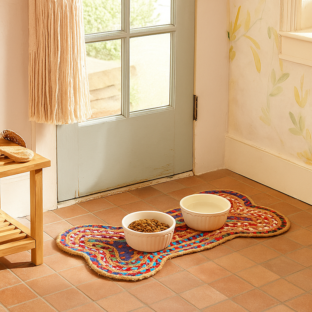 Chindi Rug Dog Bone Pet Food Mat - Assorted, Hand Woven