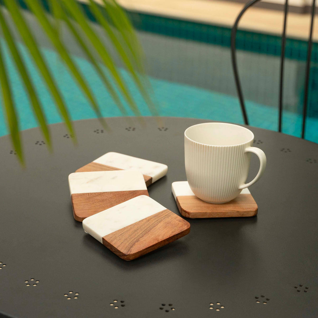 Artisan Marble &amp; Wood Coaster Set (Set of 4 White)
