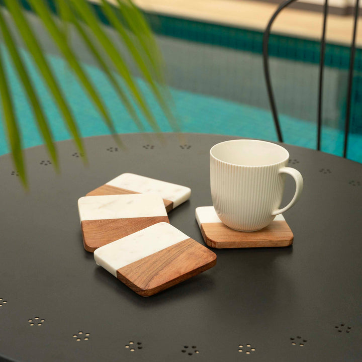 Artisan Marble &amp; Wood Coaster Set (Set of 4 White)
