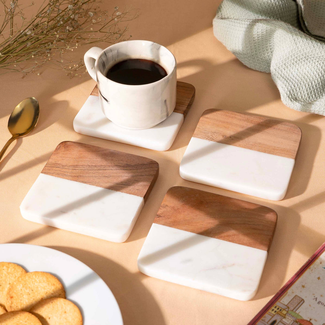 Artisan Marble &amp; Wood Coaster Set (Set of 4 White)