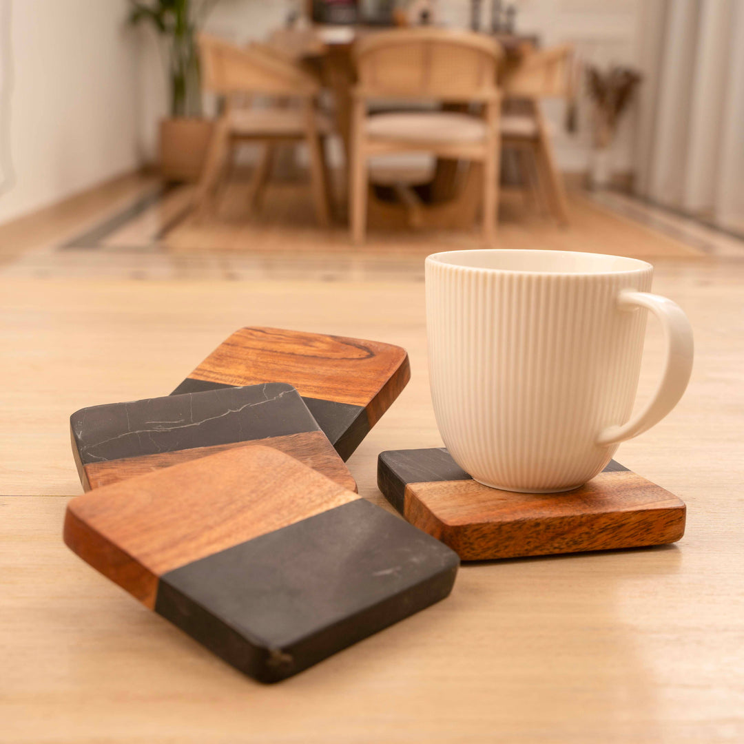 Artisan Marble and Wood Coaster Set (Set of 4 Black)