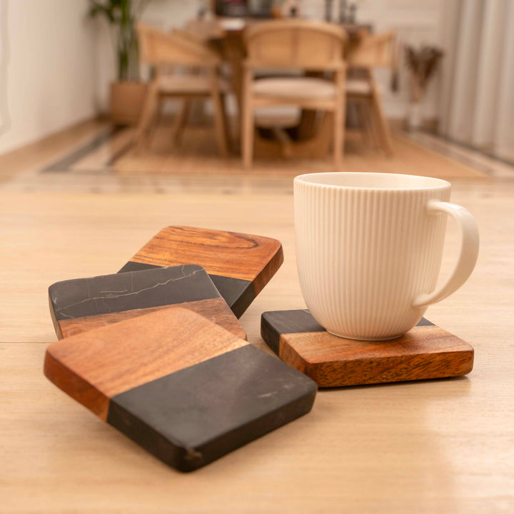 Artisan Marble and Wood Coaster Set (Set of 4 Black)
