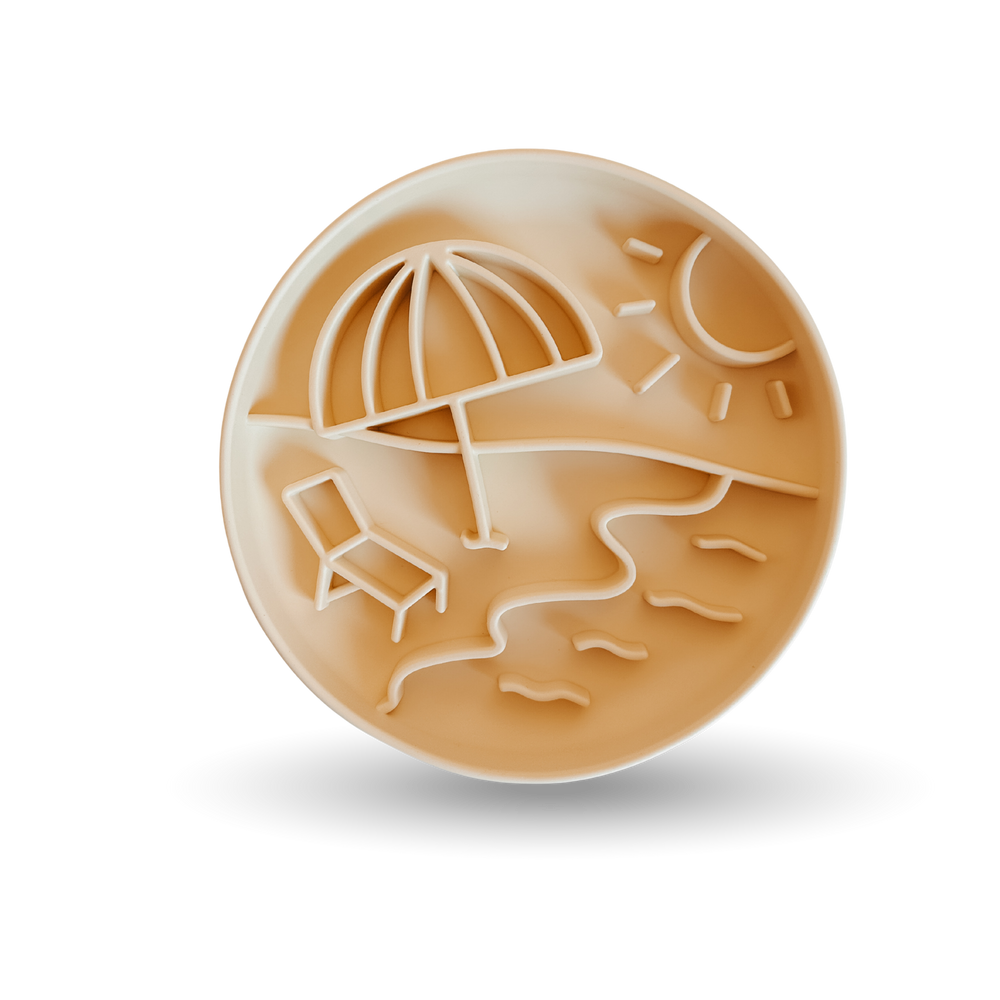 Sun Beach Slow Feeder Bowl featuring beach scene design with umbrella, sun, and waves, perfect for durable slow feeder bowl dining.