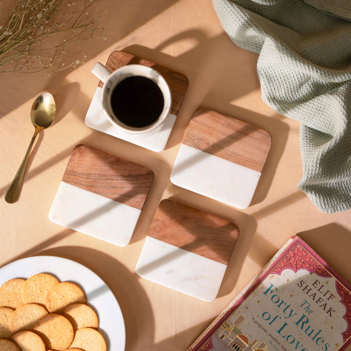 Artisan Marble &amp; Wood Coaster Set (Set of 4 White)