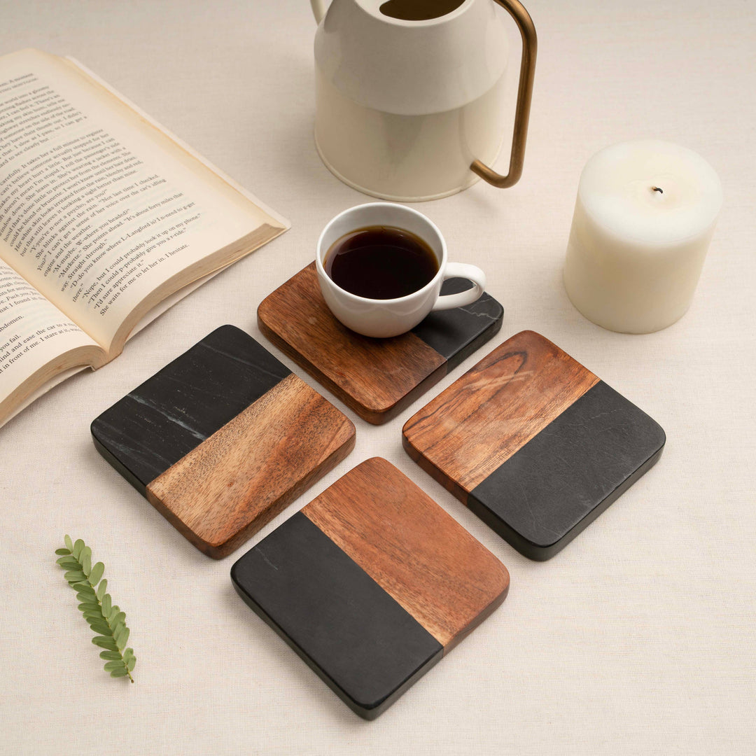 Artisan Marble and Wood Coaster Set (Set of 4 Black)