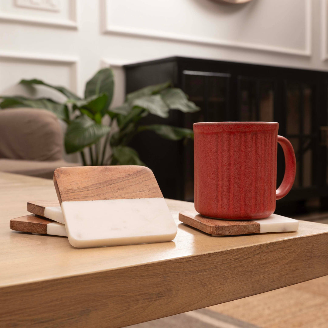 Artisan Marble &amp; Wood Coaster Set (Set of 4 White)