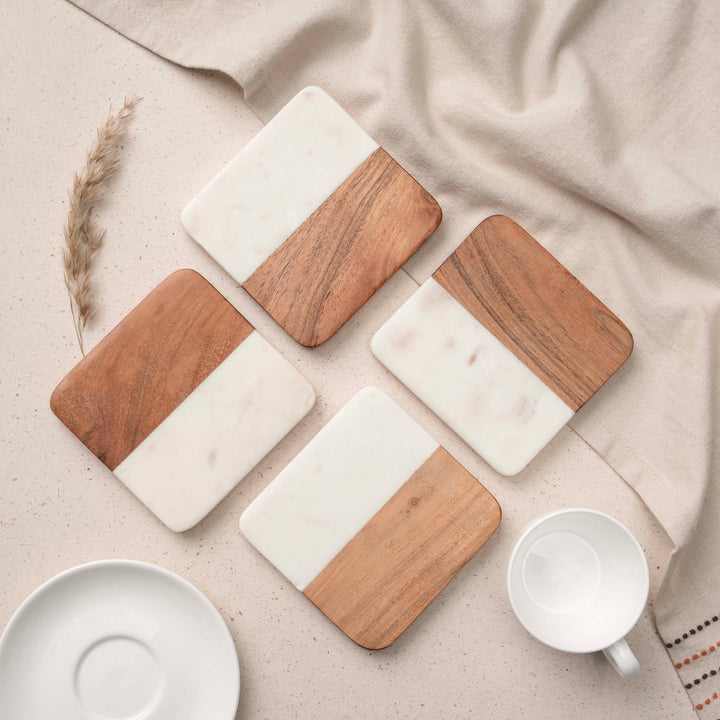 Artisan Marble &amp; Wood Coaster Set (Set of 4 White)