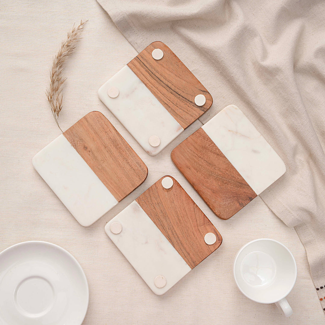 Artisan Marble &amp; Wood Coaster Set (Set of 4 White)