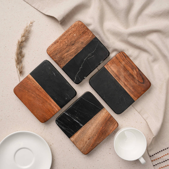 Artisan Marble and Wood Coaster Set (Set of 4 Black)
