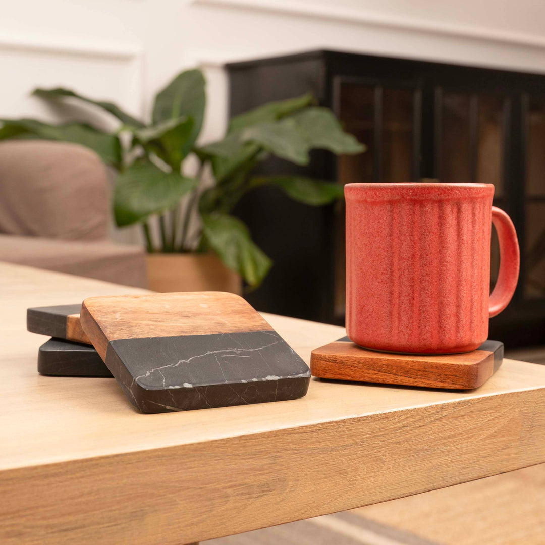 Artisan Marble and Wood Coaster Set (Set of 4 Black)