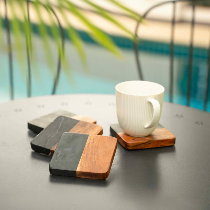 Artisan Marble and Wood Coaster Set (Set of 4 Black)