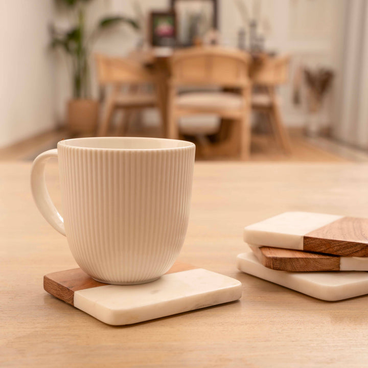 Artisan Marble &amp; Wood Coaster Set (Set of 4 White)