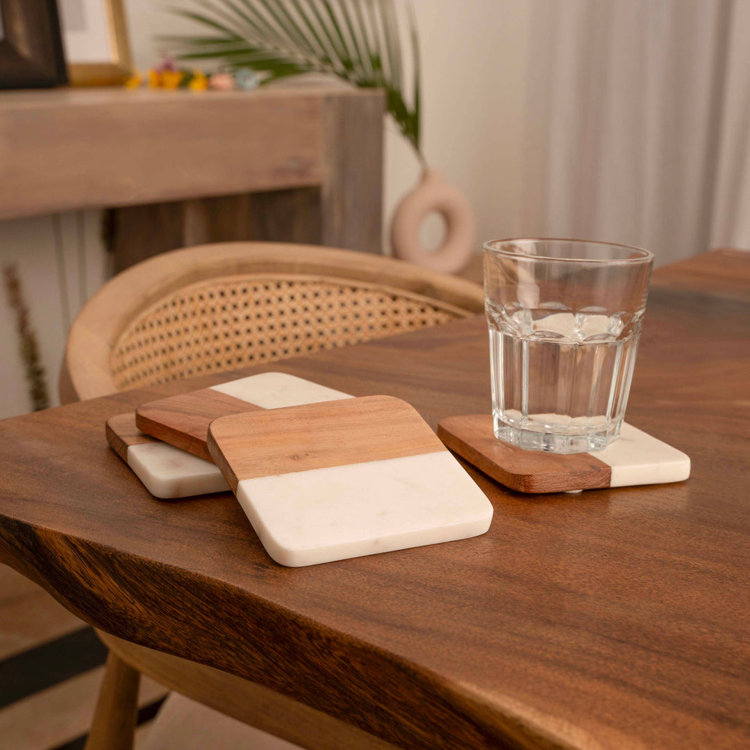 Artisan Marble &amp; Wood Coaster Set (Set of 4 White)