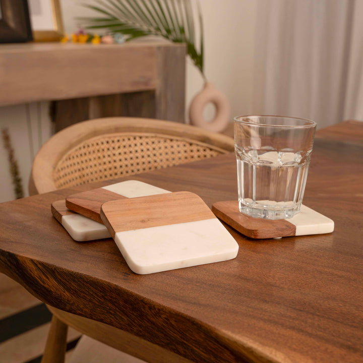 Artisan Marble &amp; Wood Coaster Set (Set of 4 White)