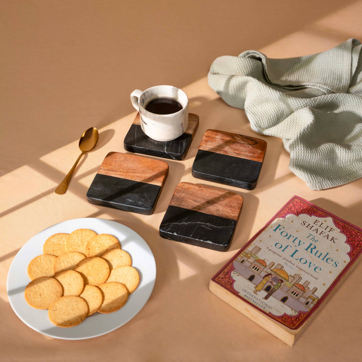 Artisan Marble and Wood Coaster Set (Set of 4 Black)