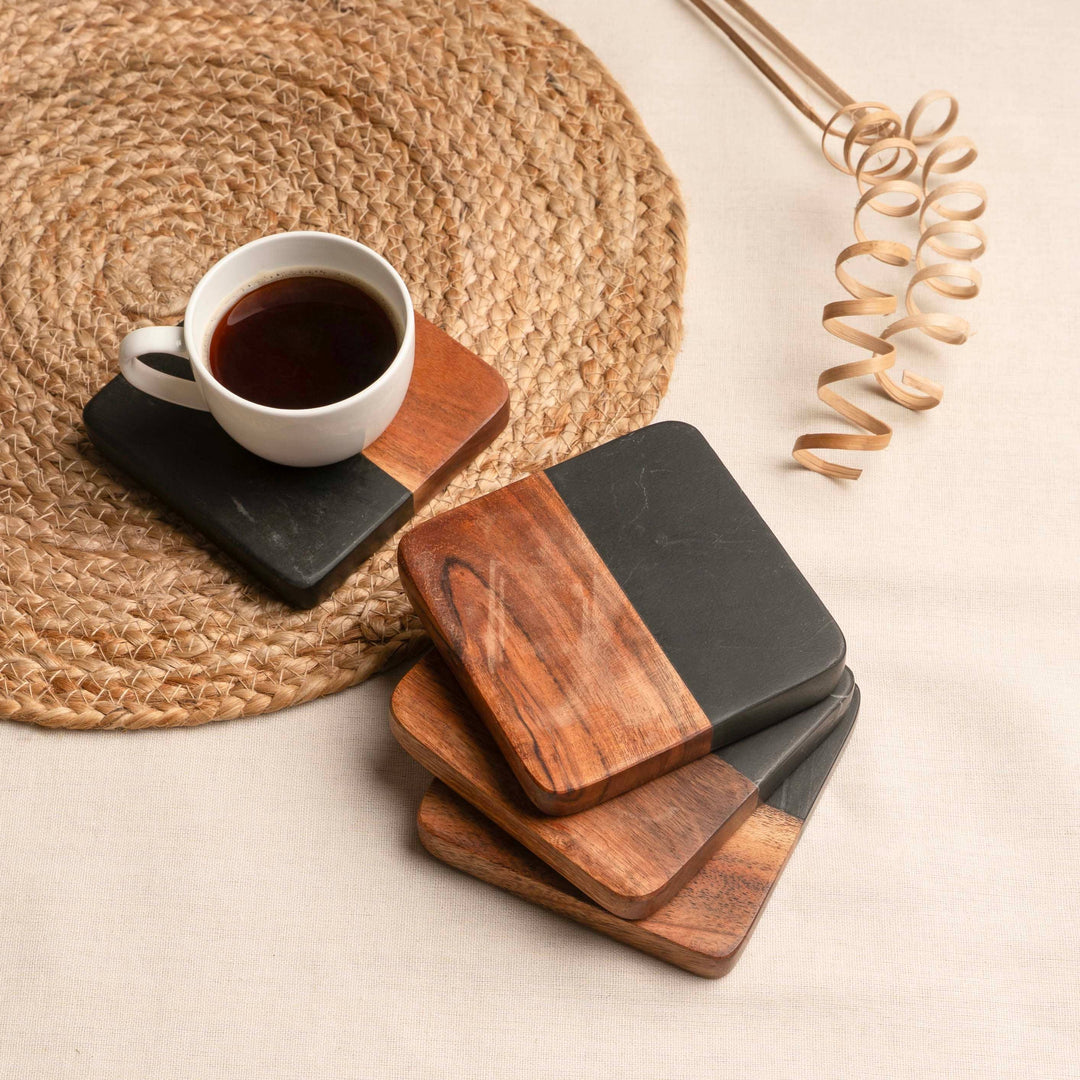 Artisan Marble and Wood Coaster Set (Set of 4 Black)