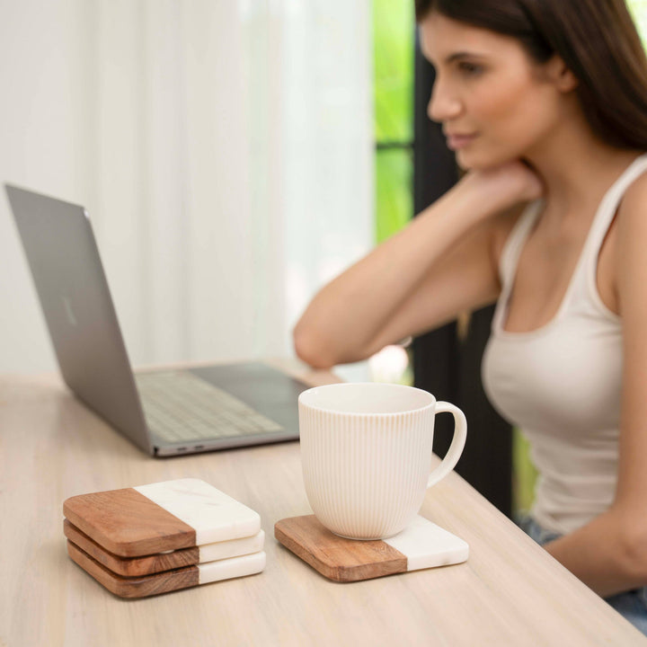 Artisan Marble &amp; Wood Coaster Set (Set of 4 White)