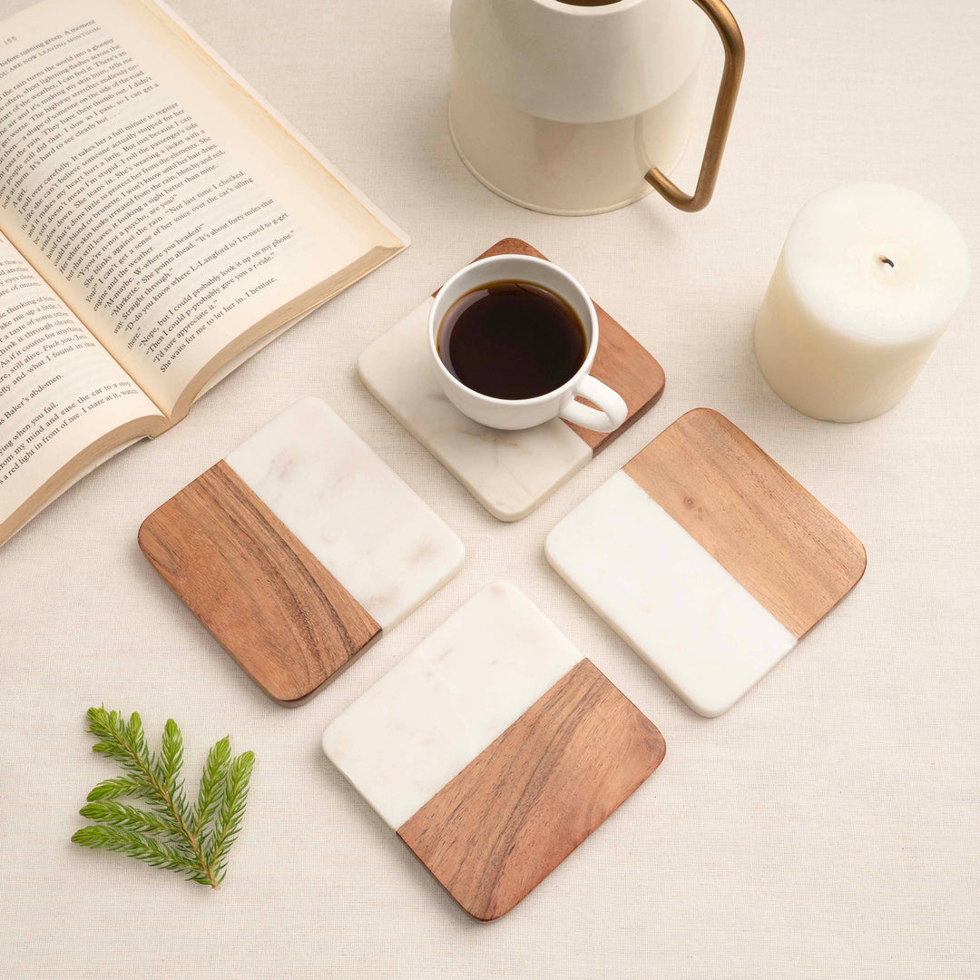 Artisan Marble &amp; Wood Coaster Set (Set of 4 White)