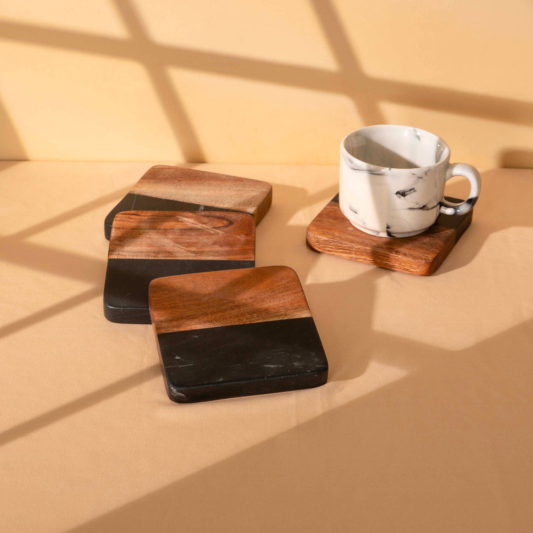 Artisan Marble and Wood Coaster Set (Set of 4 Black)