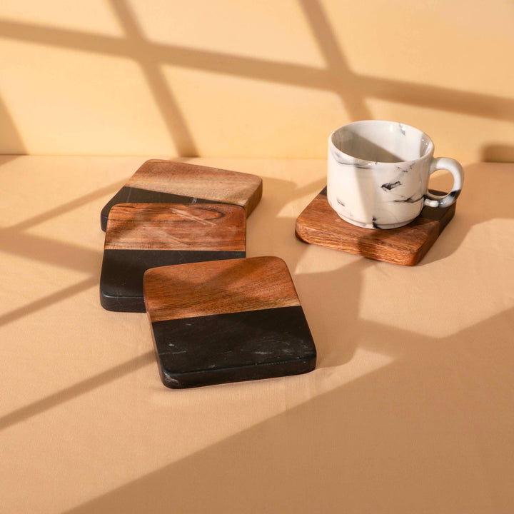 Artisan Marble and Wood Coaster Set (Set of 4 Black)