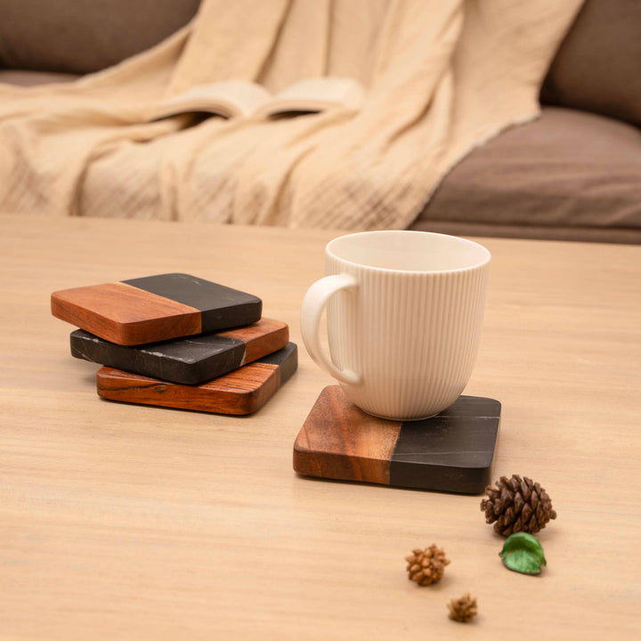 Artisan Marble and Wood Coaster Set (Set of 4 Black)