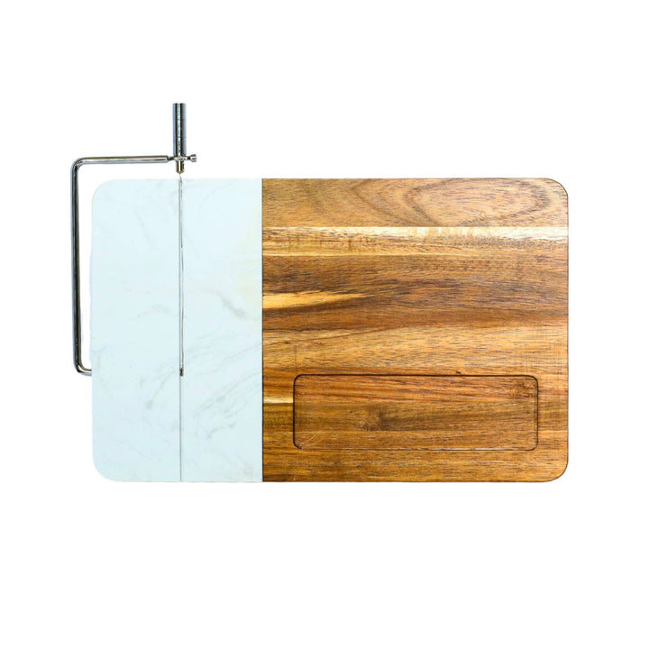 White Marble and Acacia Wood Cheese Board with Slicer