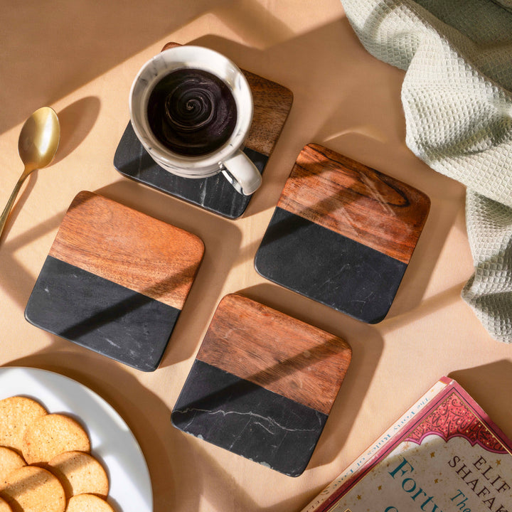 Artisan Marble and Wood Coaster Set (Set of 4 Black)